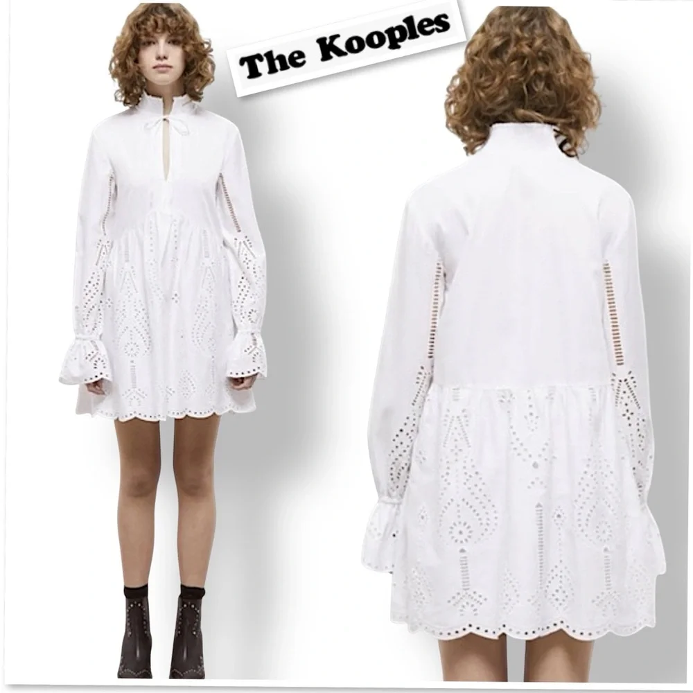 The Kooples Paris White Mini Dress With Broderie Anglaise Long Sleeve Size 2